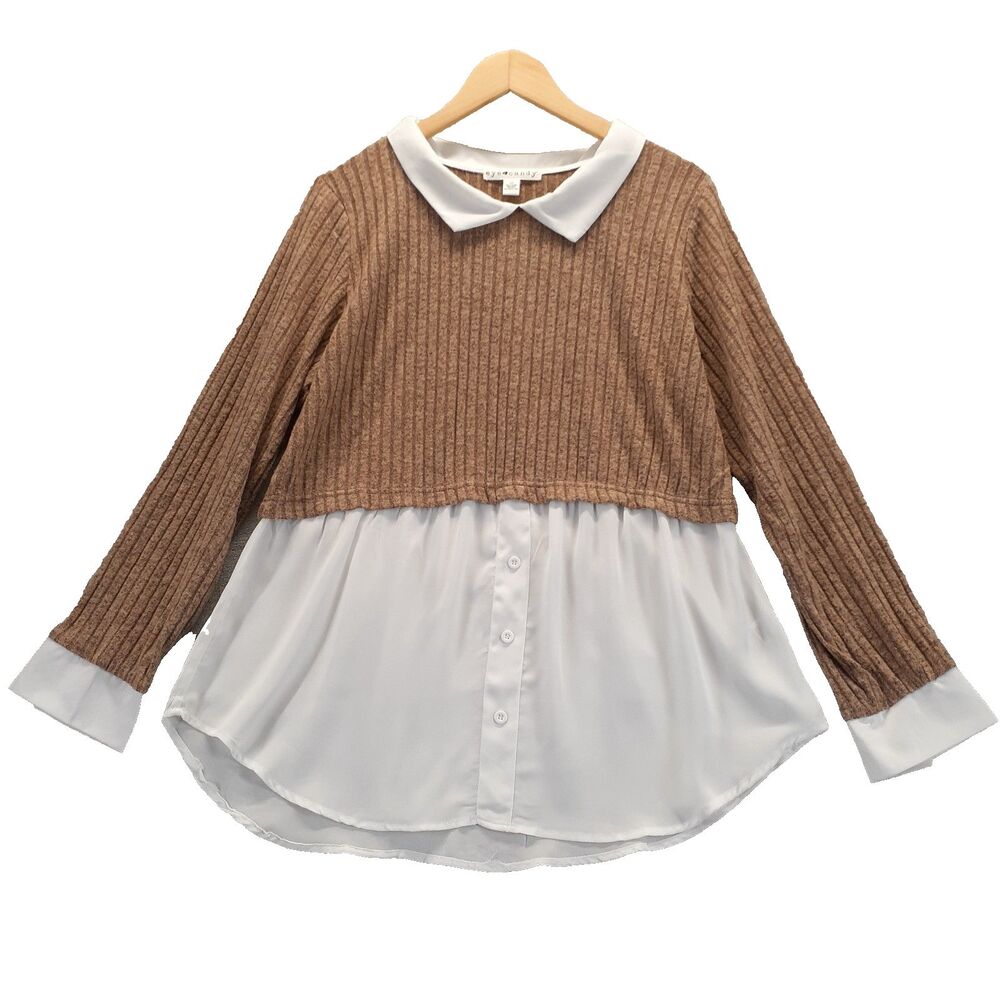 Eye Candy Women's 2X Brown Knit White Collared Sweater Layered Look Twee Y2K
